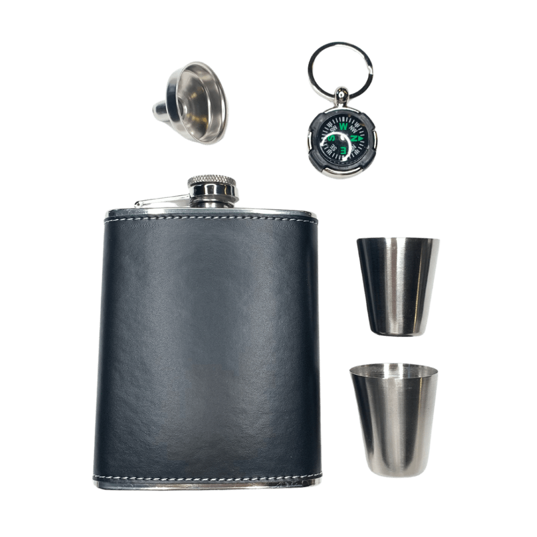 la-galana-flachmann-set-chrom-schwarz-taschenflasche-mit-2-bechern image 1